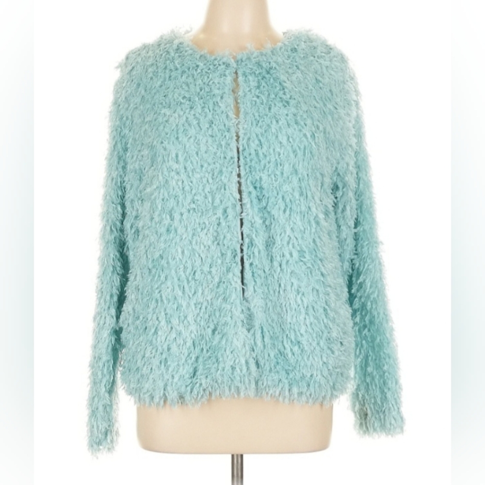 Colleen Lopez $159 Teal Eyelash Shearling Feather Jacket Size L EUC